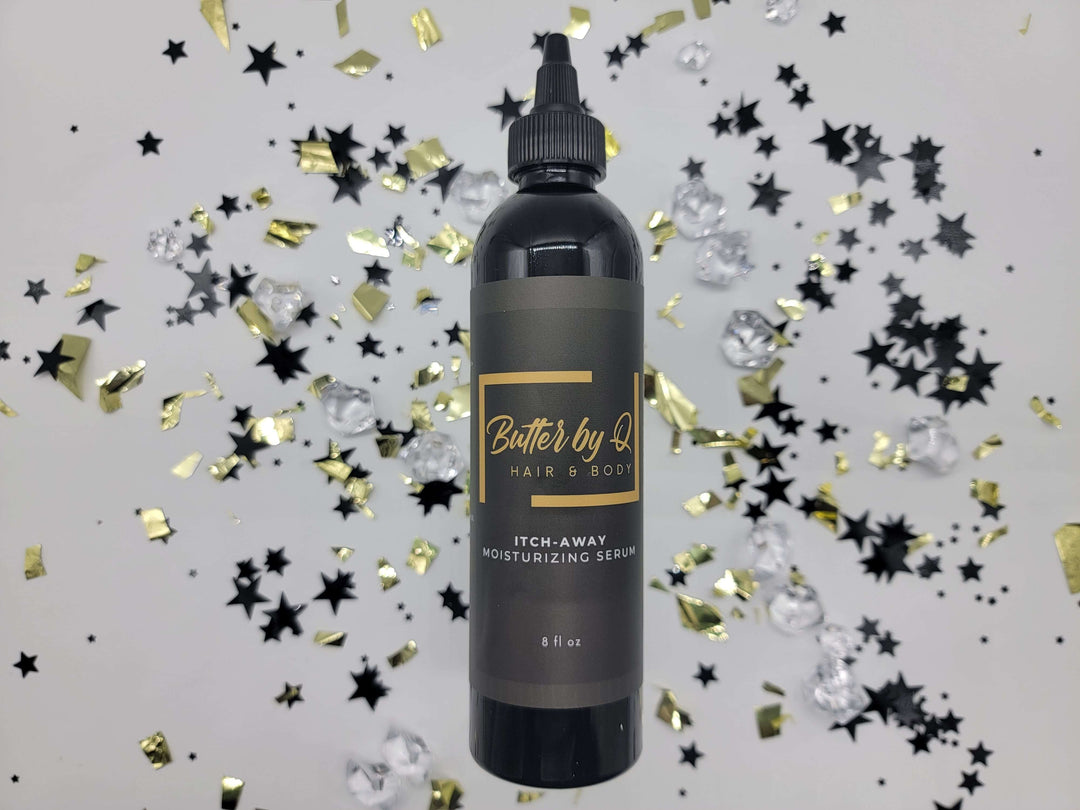 8 oz black bottle of Itch-Away Hair Moisturizing Serum that acts as a pre-poo, conditioner, moisturizer, and anti-itch serum.