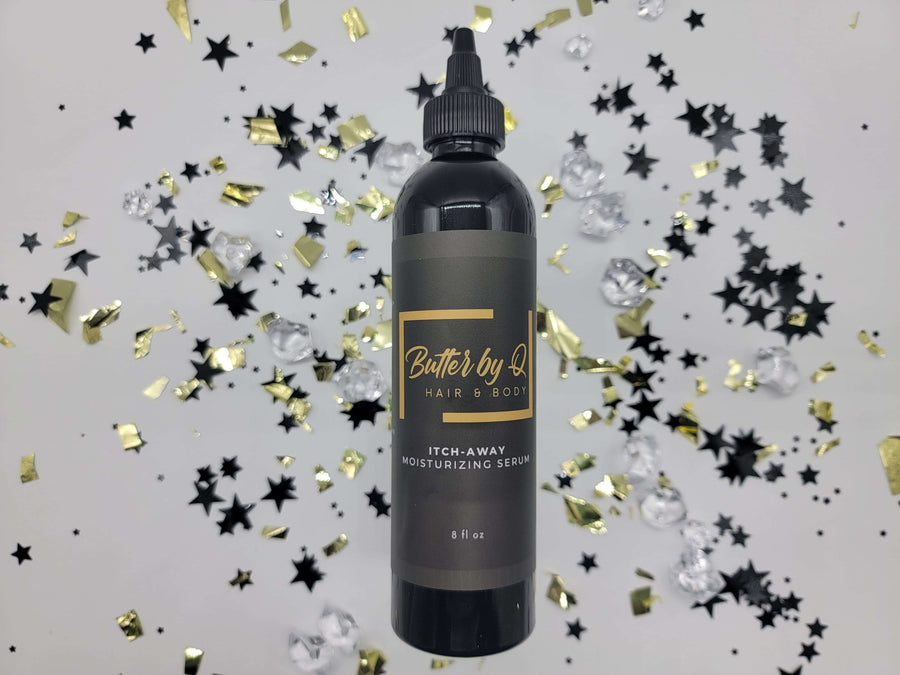 8 oz black bottle of Itch-Away Hair Moisturizing Serum that acts as a pre-poo, conditioner, moisturizer, and anti-itch serum.