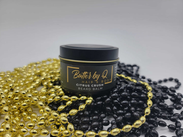 4 oz luxe black tin of Citrus Crush Beard Balm made with shea butter, jojoba & rosehip oil & other 100% natural ingredients.