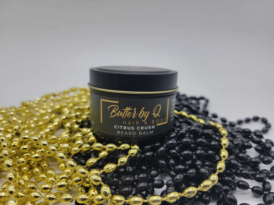 4 oz luxe black tin of Citrus Crush Beard Balm made with shea butter, jojoba & rosehip oil & other 100% natural ingredients.