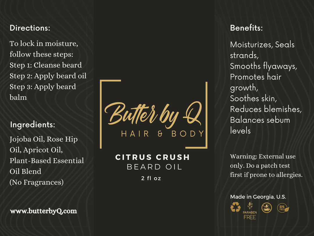 100% natural Citrus Crush Beard Oil label made from jojoba, rose hip, apricot, and other 100% natural, premium ingredients.