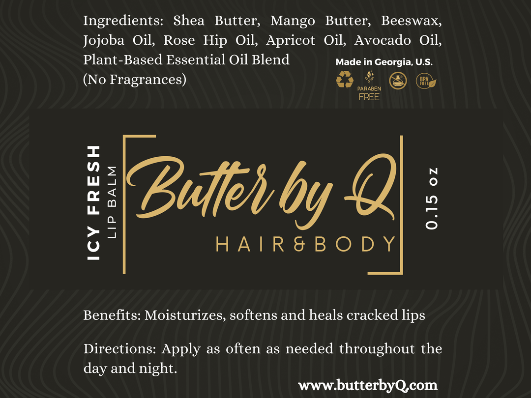 Label of Icy Fresh Lip Balm made with jojoba oil, rosehip oil, apricot oil, avocado oil, and other 100% natural ingredients.