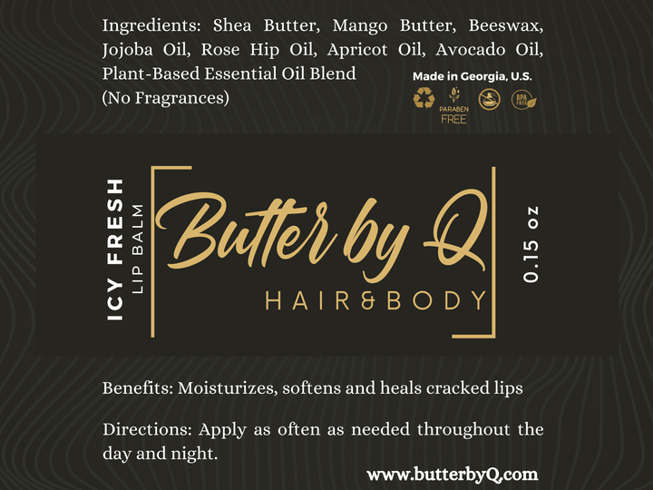 Label of Icy Fresh Lip Balm made with jojoba oil, rosehip oil, apricot oil, avocado oil, and other 100% natural ingredients.