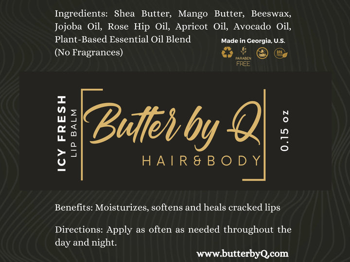 Label of Icy Fresh Lip Balm made with jojoba oil, rosehip oil, apricot oil, avocado oil, and other 100% natural ingredients.