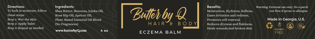 Label of Eczema Balm with jojoba oil, rosehip oil, apricot oil, shea butter, and other 100% natural ingredients. 
