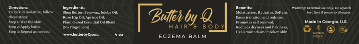 Label of Eczema Balm with jojoba oil, rosehip oil, apricot oil, shea butter, and other 100% natural ingredients.