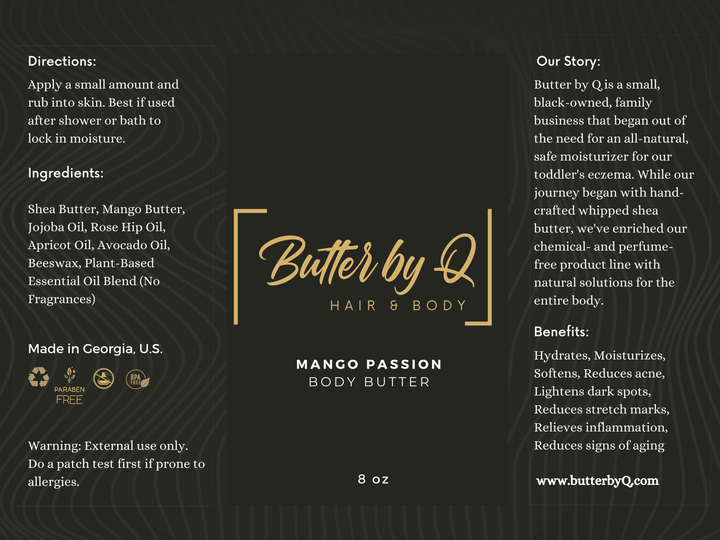 Label of 100% natural Mango Passion whipped butter made from shea butter, jojoba, rose hip, apricot, and 100% natural oils.