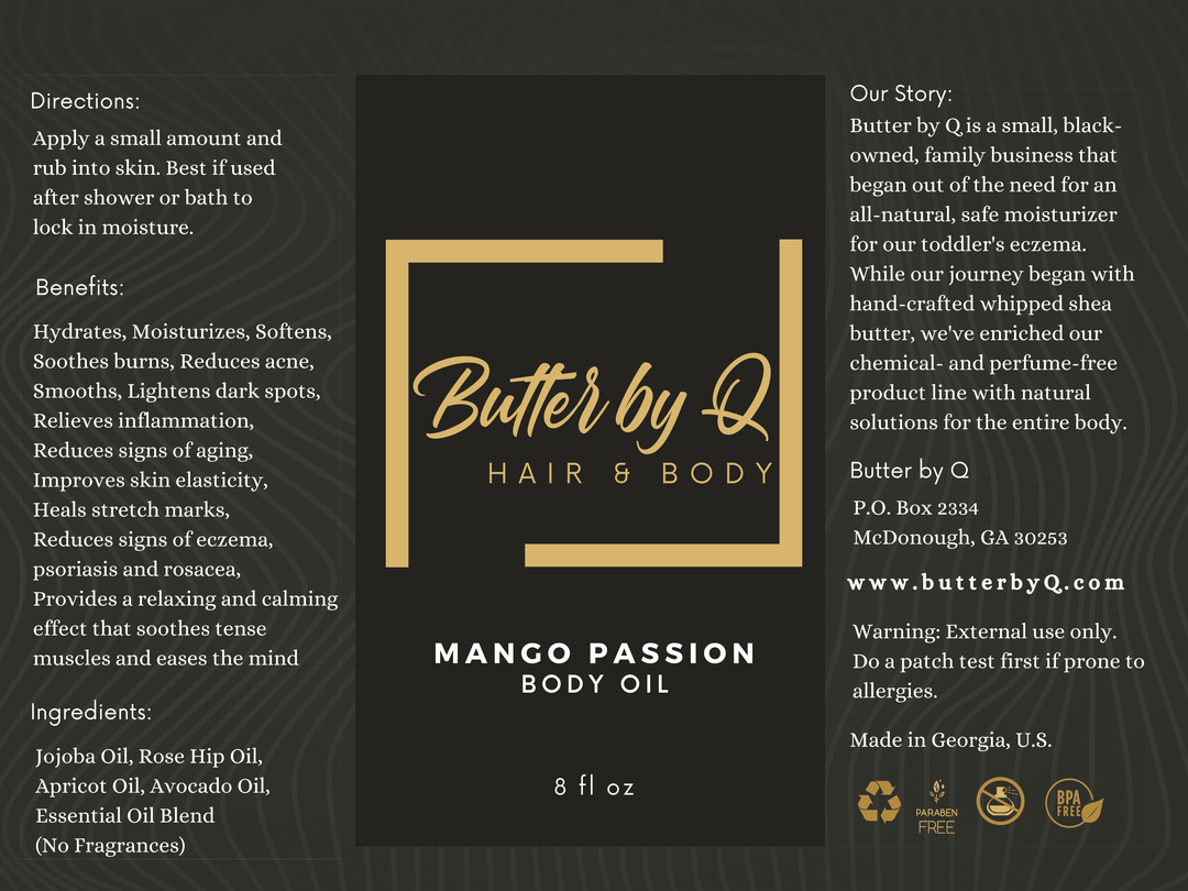 Label of Mango-Scented Body Oil made mango extract, jojoba, rosehip, apricot, avocado, and other 100% natural oils.