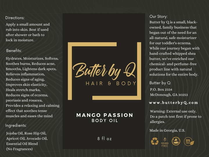 Label of Mango-Scented Body Oil made mango extract, jojoba, rosehip, apricot, avocado, and other 100% natural oils.