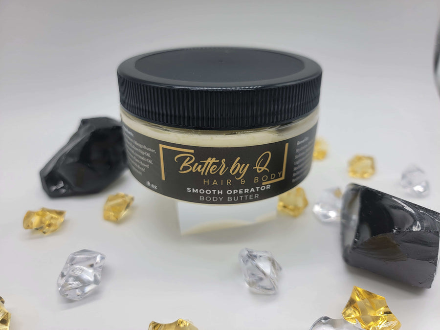 8 oz Smooth Operator Body Butter for men & women made with shea & mango butter, jojoba, rosehip, apricot & other premium oils.