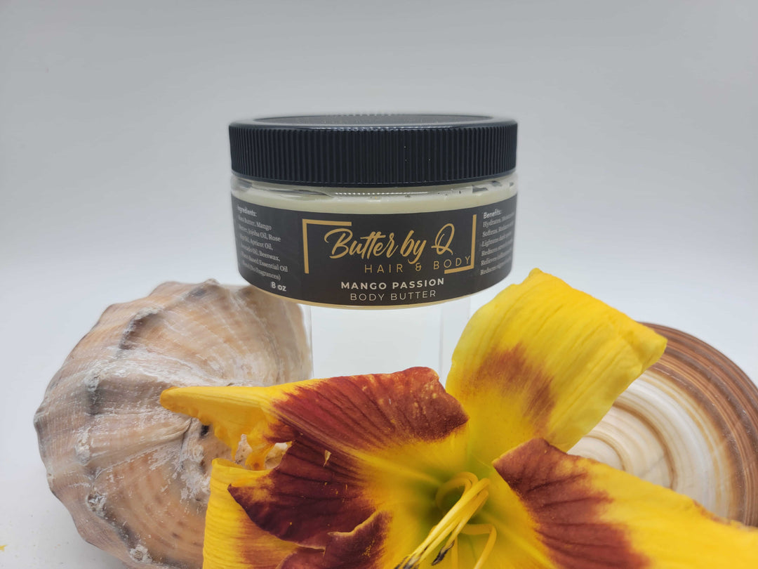 8 oz premium mango-scented whipped shea butter made with mango butter, jojoba and rosehip oil & 100% natural ingredients.